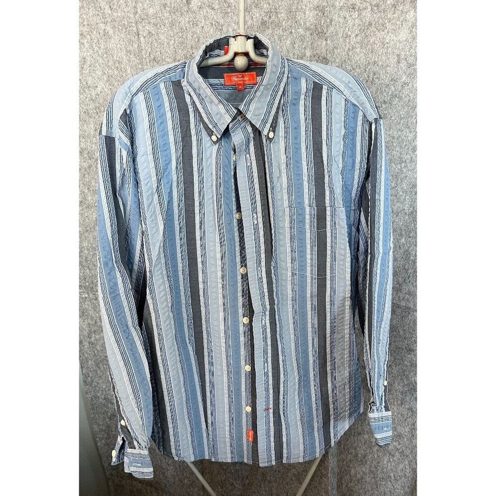 Facconable Mens Striped poplin Button-Down Shirt M Blue & White 100% Cotton